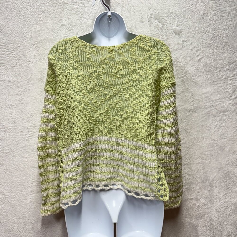 Free People Open Knit Sweater Women XS Green White Striped Loose Textured Cotton - Picture 6 of 12